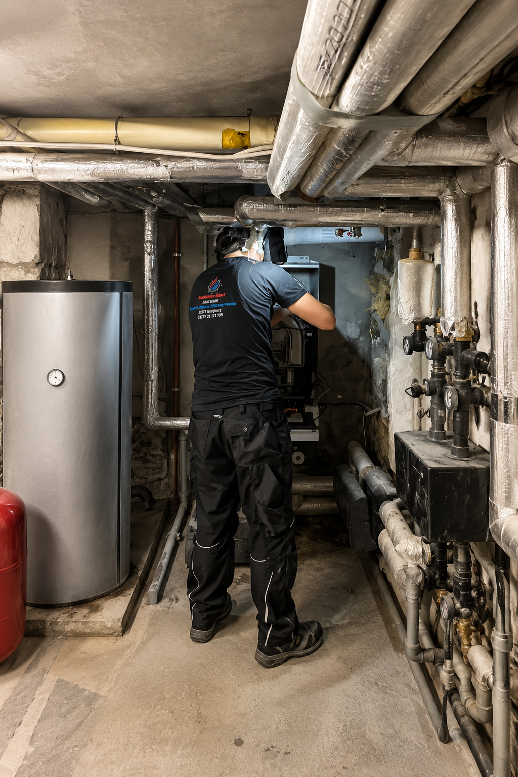 Karacay Haustechnik Monteur bei der Arbeit an einer Heizungsanlage